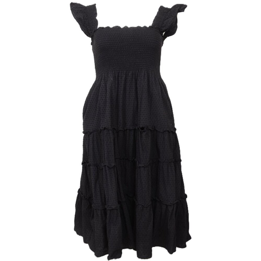 Kourt Smocked Tiered Ruffle Swiss Dot Sleeveless Calypso Midi Dress Black XL